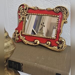 Vintage Red and Gold Ornate Accent Mirror Wall Hanging Scroll Accent Floral